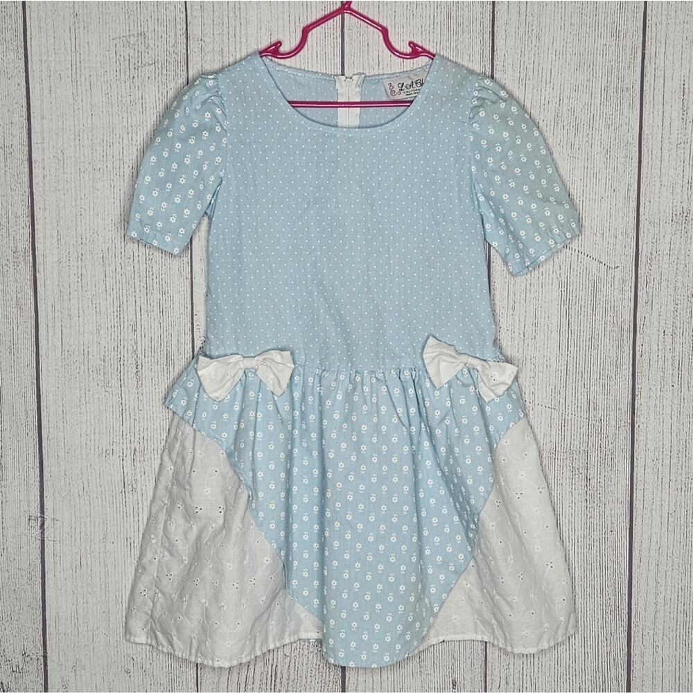 VTG L.A. Chic Fit & Flare Floral Blue/White Eyelet Lace Girl's Dress, sz 6X